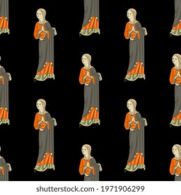 
Seamless pattern with beautiful standing medieval women. 