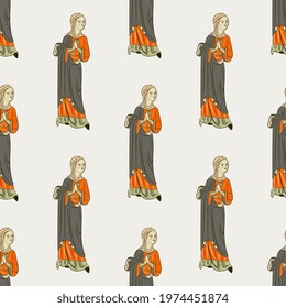 Seamless pattern with beautiful standing medieval women. On white background.