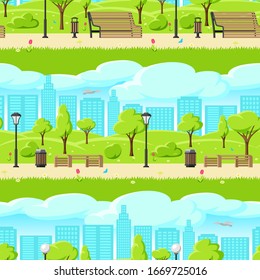 Seamless pattern with beautiful summer or spring city park. Urban public space with lawn and trees for walking and relaxing.
