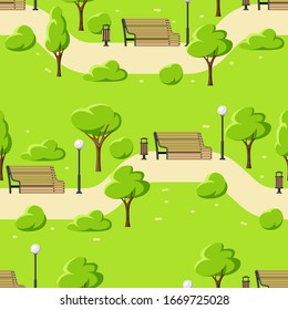 Seamless pattern with beautiful summer or spring city park. Urban public space with lawn and trees for walking and relaxing.