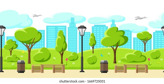 Seamless pattern with beautiful summer or spring city park. Urban public space with lawn and trees for walking and relaxing.