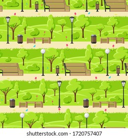 Seamless pattern with beautiful summer or spring city park. Urban public space with lawn and trees for walking and relaxing.