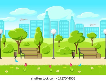 Seamless pattern with beautiful summer or spring city park. Urban public space with lawn and trees for walking and relaxing.