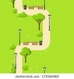 Seamless pattern with beautiful summer or spring city park. Urban public space with lawn and trees for walking and relaxing.