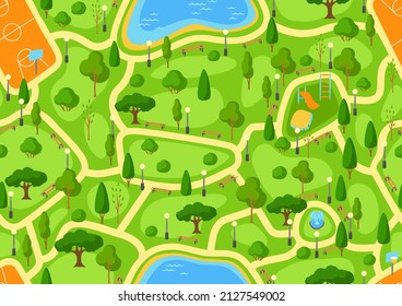 Seamless Pattern With Beautiful Summer Or Spring City Park. Urban Public Space With Lake, Lawn And Trees For Walking.