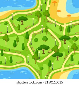 Seamless Pattern With Beautiful Summer Or Spring City Park. Urban Public Space With Lake, Lawn And Trees For Walking.