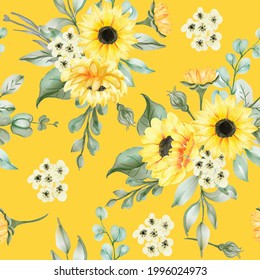 Seamless pattern beautiful sun flower and leaves