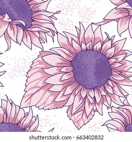 seamless pattern with beautiful sunflowers, lilac and pink colors, sketch style illustration