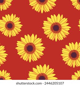Seamless pattern of beautiful sunflowers in retro style with fiery colors. Modern floral pattern, Vintage floral background, Pattern for design wallpaper, Gift wrap paper and fashion prints.
