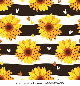 Seamless pattern of beautiful sunflowers, small hearts and black and white stripes. Modern floral pattern, Vintage floral background, Pattern for design wallpaper, Gift wrap paper and fashion prints.