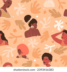 Seamless pattern with beautiful tanned abstract girls. Summer fashionable contemporary print with silhouettes of women. Vector graphics.