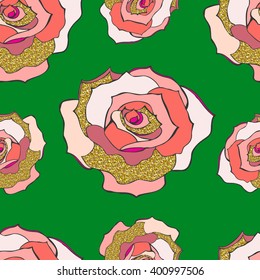 Seamless pattern with beautiful and tender roses in pink tints with golden glitter elements on green background. Vector illustration for your graphic design.