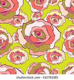 Seamless pattern with beautiful and tender roses in pink tints with golden glitter elements on light lime background. Vector illustration for your graphic design.