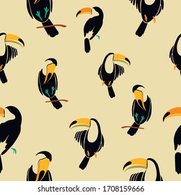 seamless pattern with beautiful toucans in different pose. Summer print, paper or textile design. Exotic birds in a minimalist, abstract style, hand drawn illustration

