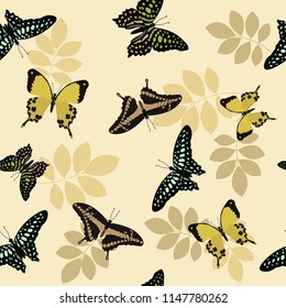 Seamless pattern with beautiful tropical butterflies on a beige background. For decorating textiles, packaging and wallpaper. Vector illustration.