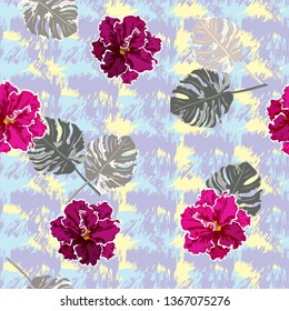 Seamless pattern with beautiful tropical flowers and leaves on colorful background made of brush strokes. Flower background for textile, cover, wallpaper, gift packaging, printing.Romantic design. 