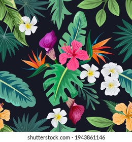 Seamless pattern with beautiful tropical flowers and leaves exotic background.