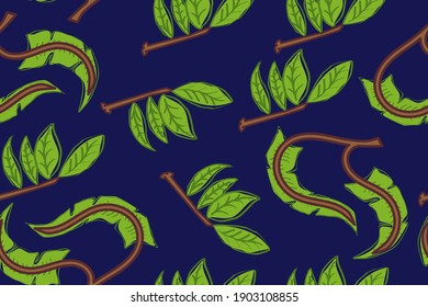 Seamless pattern of beautiful tropical leaves with a beautiful blend of color, long green leaves and small fronds. suitable for background, fashion, etc.