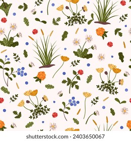 Seamless pattern with beautiful tundra plants collection. White dryad, blueberry, rubus arcticus, sedge, polar poppy, cloudberry. Wild north herbs, forest floral design on white