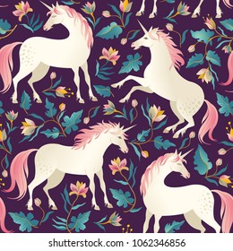 Seamless pattern with beautiful unicorns. Vector magic background for kids design.
