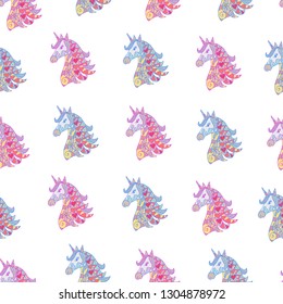 Seamless pattern with beautiful unicorns. Vector magic background for kids design. Hand drawn vector illustration.