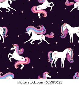 Seamless pattern with beautiful unicorns. Vector magic background for kids design. 