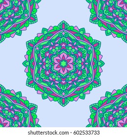 Seamless pattern, beautiful unusual flowers, mandala on a light blue background, vector illustration.Vintage card with a floral mandala pattern and decoration.