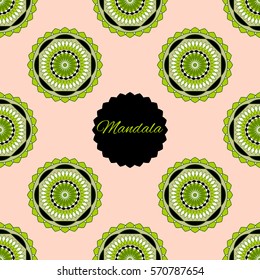 seamless pattern, beautiful unusual green flowers on a pink background, mandala, vector illustration