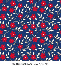 Seamless pattern with beautiful vintage blossoming red flowers and decorative yellow leaf silhouette. Wallpaper with red flower in old antique style on blue background. Vector stock illustration.