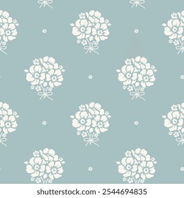 Seamless pattern with beautiful vintage bouquet of peony flowers silhouette. Wallpaper with abstract flower on blue background. Dress fabric or wrapping design. Vector stock illustration.