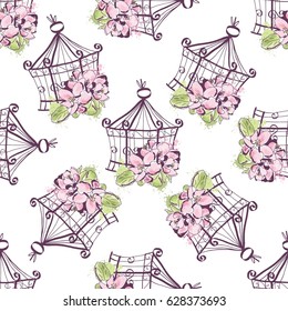 Seamless pattern with beautiful vintage cage with flowers.