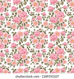 Seamless Pattern with Beautiful Vintage Pastel Pink Rose, Feminine Blossom, Aesthetic Peony Flower Bunch Vector Illustration for Decoration, Gift Wrapping Paper, Beauty Product, Wallpaper, Background