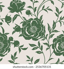 Seamless pattern with beautiful vintage peony and decorative leaf silhouette. Wallpaper with green flower in old antique style on beige background. Vector stock illustration.
