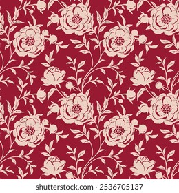 Seamless pattern with beautiful vintage peony and decorative leaf silhouette. Wallpaper with pink peony flower in old antique style on red background. Vector stock illustration.