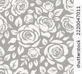 Seamless pattern with beautiful vintage rose and decorative leaf silhouette on gray background. Wallpaper with white flower in old antique style. Vector stock illustration