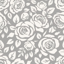 Seamless Pattern With Beautiful Vintage Rose And Decorative Leaf Silhouette On Gray Background. Wallpaper With White Flower In Old Antique Style. Vector Stock Illustration