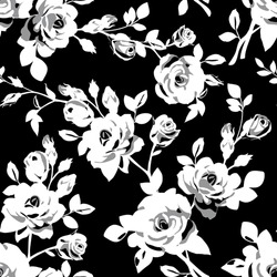 Seamless Pattern With Beautiful Vintage Rose And Decorative Leaf Silhouette. Black And White Wallpaper With Flower. Vector Illustration