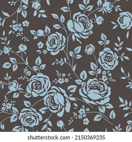 Seamless pattern with beautiful vintage rose and decorative leaf silhouette. Wallpaper with blue flower in old antique style. Vector illustration