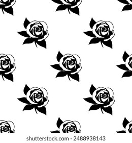 Seamless pattern with beautiful vintage rose and decorative leaf silhouette. Black outline wallpaper with flower. Vector illustration