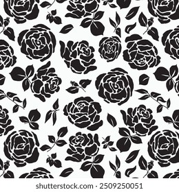 Patrón sin fisuras con hermosa rosa vintage y silueta de hoja decorativa. Fondo de pantalla blanco y negro con flores. Ilustración vectorial