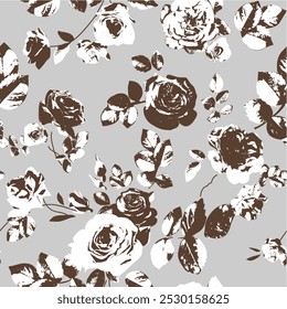 Seamless pattern with beautiful vintage rose and decorative leaf silhouette. Brawn and grey wallpaper with flower. Vector illustration.