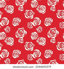 Patrón sin fisuras hermosa silueta de rosa vintage. Fondo de pantalla abstracto flor de rosa blanca sobre fondo rojo. Vestido de tela o diseño de envoltura para el día de San Valentín o boda. Vector ilustración de stock.