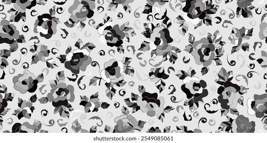 Seamless pattern with beautiful vintage rose and decorative leaf silhouette. Black and white wallpaper with flower. Vector illustration. 