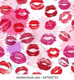 Seamless pattern with beautiful violet and pink colors lips prints on dark background.