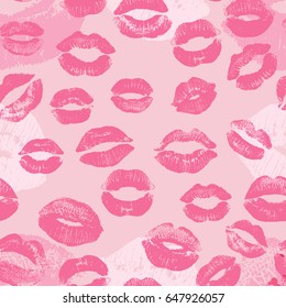 Seamless pattern with beautiful violet and pink colors lips prints on light background.