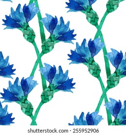 Seamless pattern with beautiful watercolor cornflowers.
