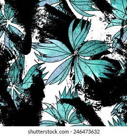 Seamless pattern with beautiful watercolor flowers.  Silhouette of a peony with fantastic stains.