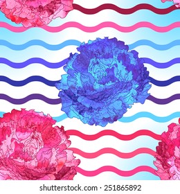 Seamless pattern with beautiful watercolor flowers and waves.  Silhouette of a peony with fantastic stains.