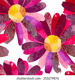 Seamless pattern with beautiful watercolor flowers.  Silhouette of a chamomile with fantastic stains.