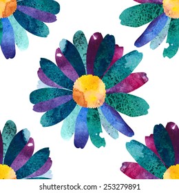 Seamless pattern with beautiful watercolor flowers.  Silhouette of a chamomile with fantastic stains.